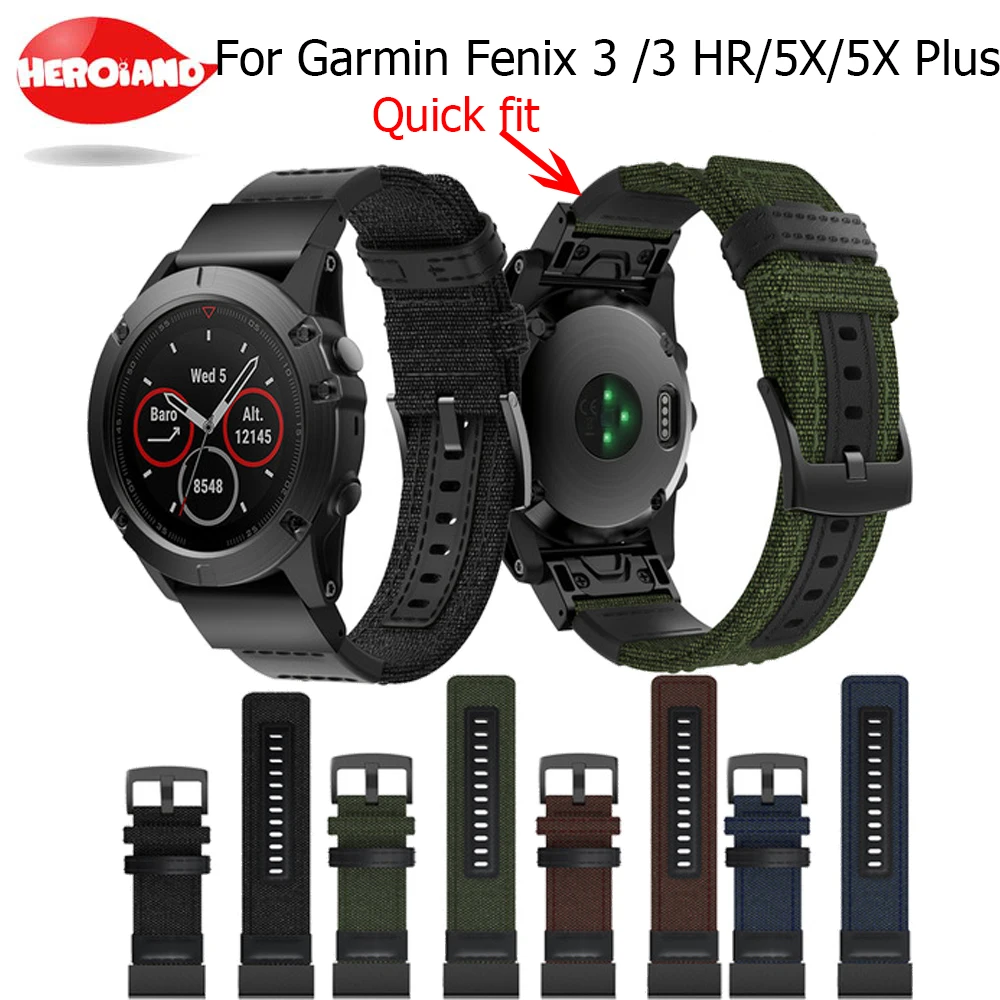 

26mm Genuine Nylon+Leather Watchband for Garmin Fenix 5X Plus/3/3HR Quick Easy Fit Watch Band Stainless Steel Clasp Wrist Strap