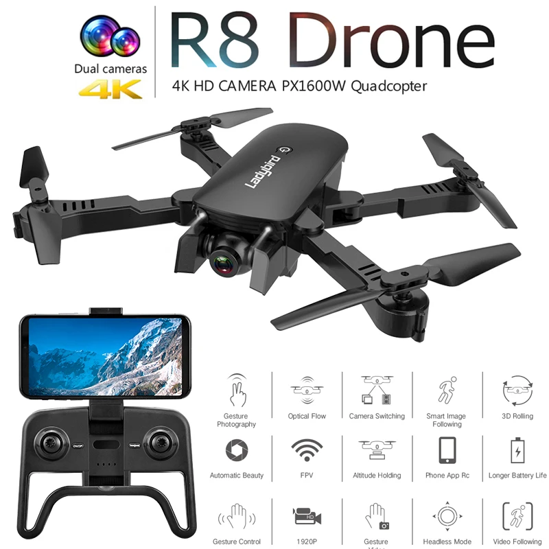 $33.32 R8 Drone with Dual Camera 1080P 4K PX1600W HD WiFi FPV Optical Flow Automatic Beauty RC Quadco