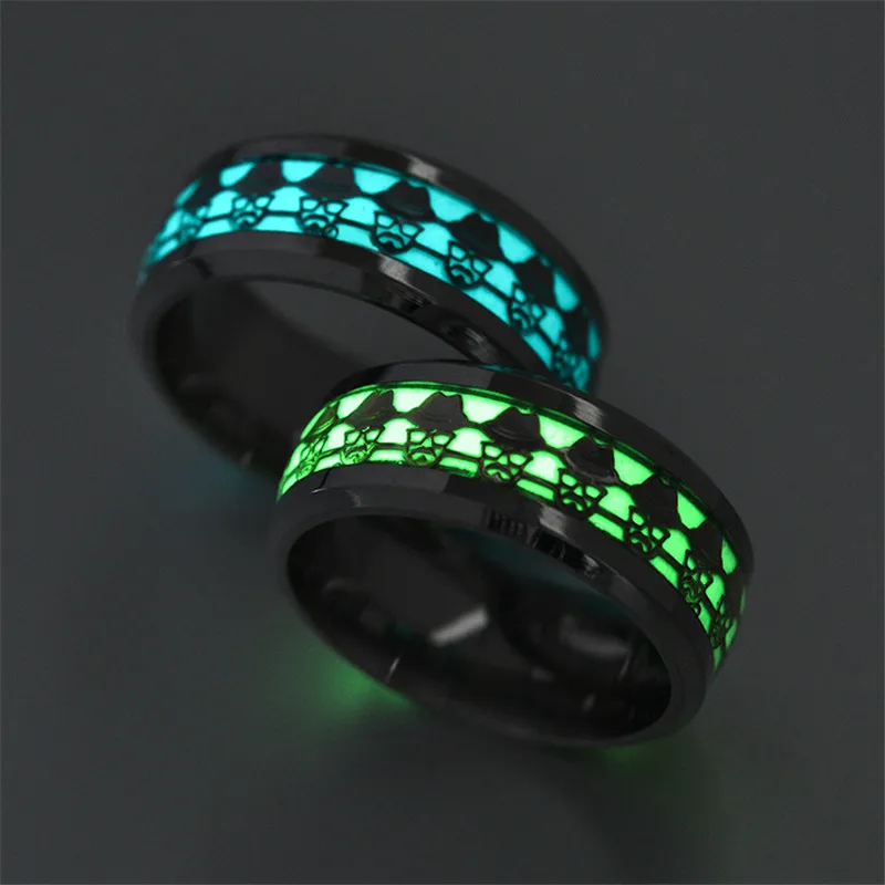 Modyle Green Glow in the Dark Stainless Steel Skeleton Wedding Band Luminous Ring for Woman Man