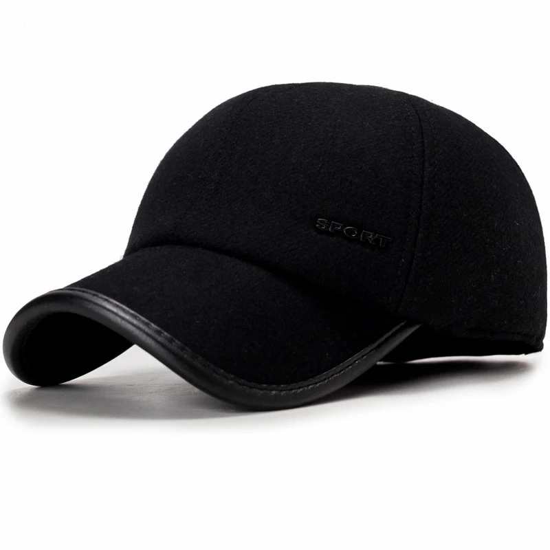 HT1856, осенне-зимние шапки для мужчин, черные, серые, шерстяные фетровые мужские шапки, теплые шапки с ушками, бейсболки для папы, регулируемые бейсболки