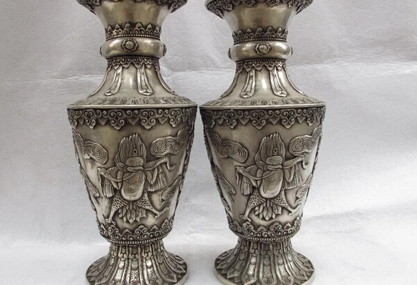 

S1360 12 Chinese Folk White Copper Silver Garuda Dragon Buddha Bottle Pot Vase Pair D0318