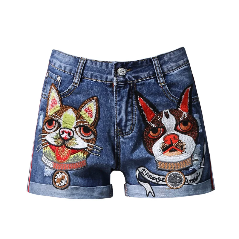 Women S Cute Colorful Dog Embroidery Pet Theme Short Jeans Shorts Jeans Aliexpress