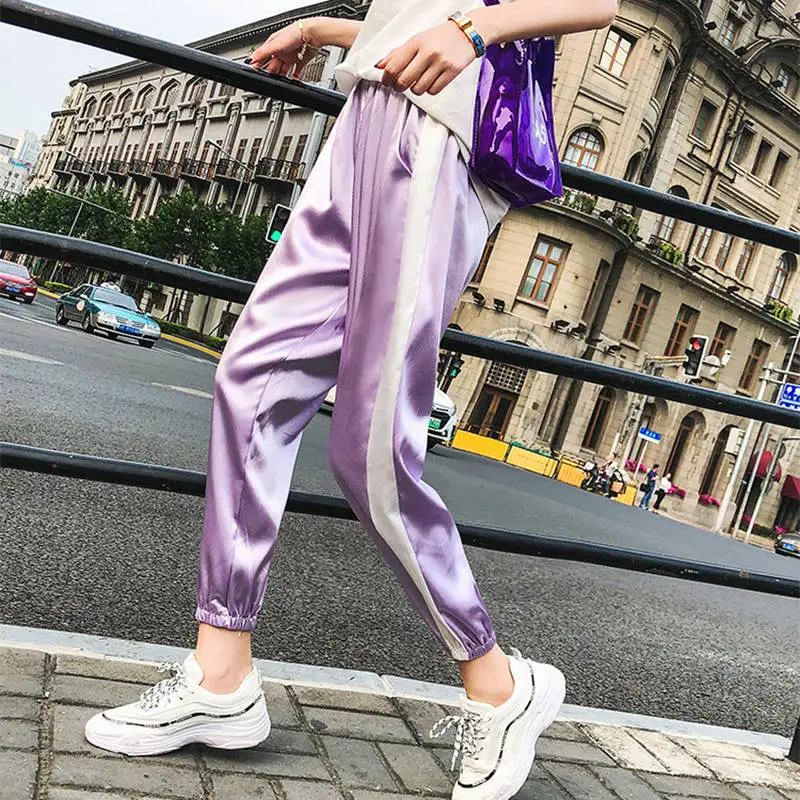 Arfreeker Harajuku Хип Хоп карго блестящие штаны для женщин уличный стиль Pantalon Femme Высокая талия Jogger Sweatpant розовый фиолетовый брюки - Цвет: P109D