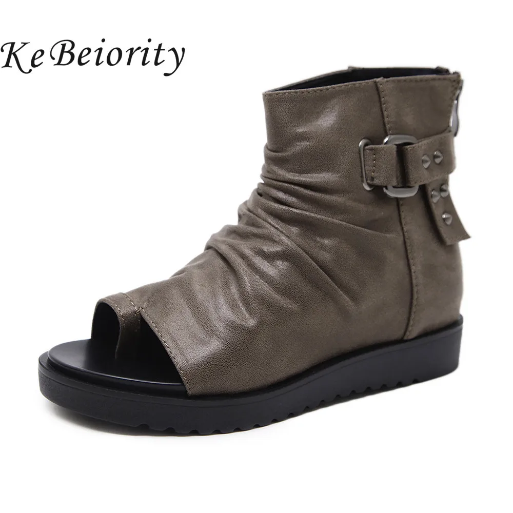 

KEBEIORITY Fashion Flat Boots for Women Open Toe Ankle Boots with Zipper Spring Summer Snow Boots Female Casual Flats Shoes 2018