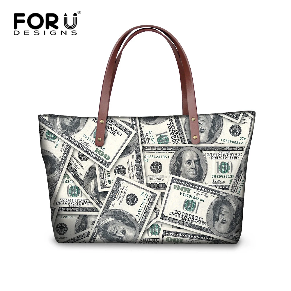 FORUDESIGNS Dollar Gold Printed Female Large Tote Handle Bag Money