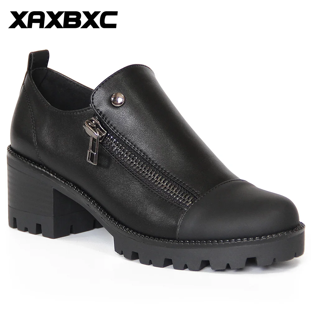 

2019 New Autumn Spring Black Leather Thick High Heels Platform Zipper Women Pumps Casual Mujer Female Ladies Shoes