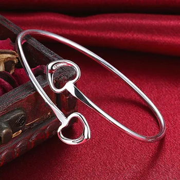 

DOTEFFIL 925 Sterling Silver Double Heart Bangle Bracelet For Woman Wedding Engagement Fashion Charm Party Jewelry