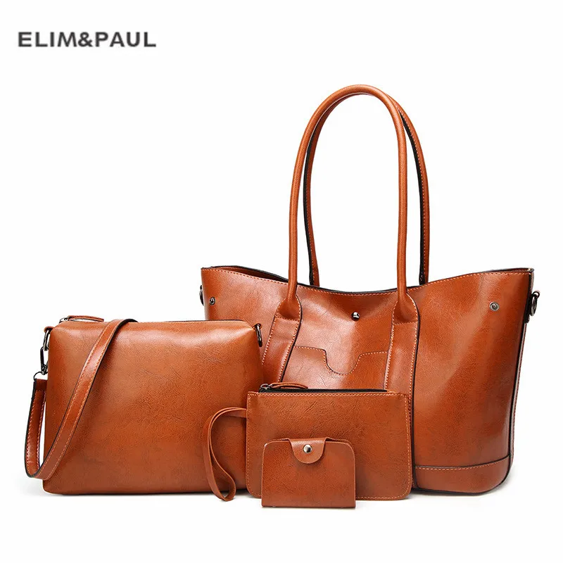 

4pcs/Set Fashion Women Composite Bag Tassel Pure PU Leather Shoulder Bag Women Clutch Handbag Set Large Tote Female Shopping Bag