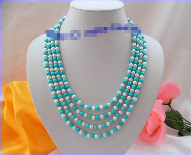 

shipping long 100" 7mm round white freshwater pearls blue turquoise necklace g566