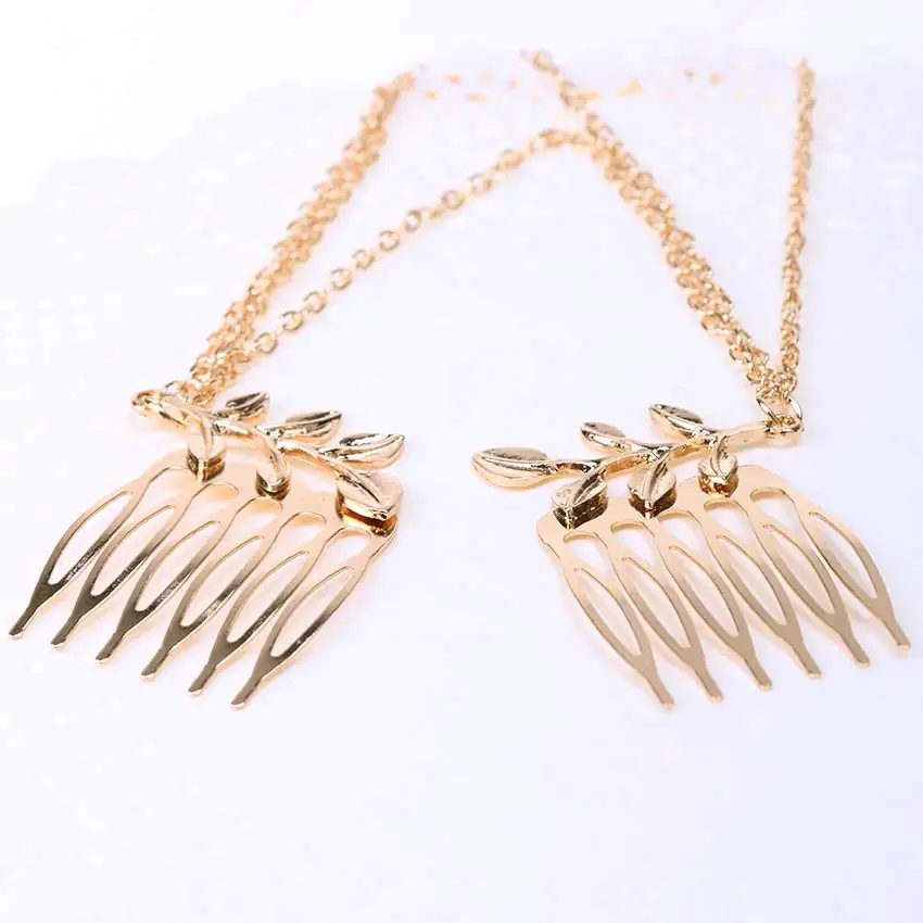 

1PC Lady Bride Hairpin European Design Floral Double Gold Chain With Leaf Hair Comb Hair Jewelry
