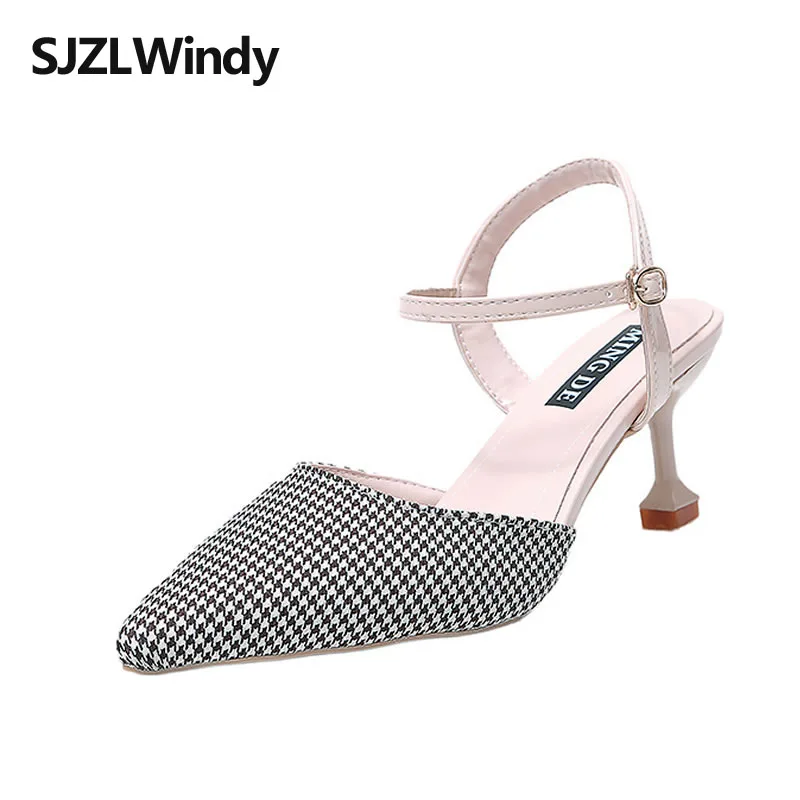 

Spring and Summer 2019 New Type Tip-Headed Baotou Fine-heeled High-heeled Sandals One-Word Button Sandals High-heeled Women's Sh