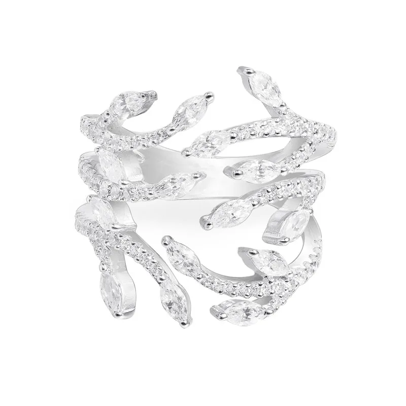 

SLJELY Real 925 Sterling Silver Festival Leaf Open Ring Full Zircon Stones Tree Branch Rings Women Monaco Fashion Party Jewelry