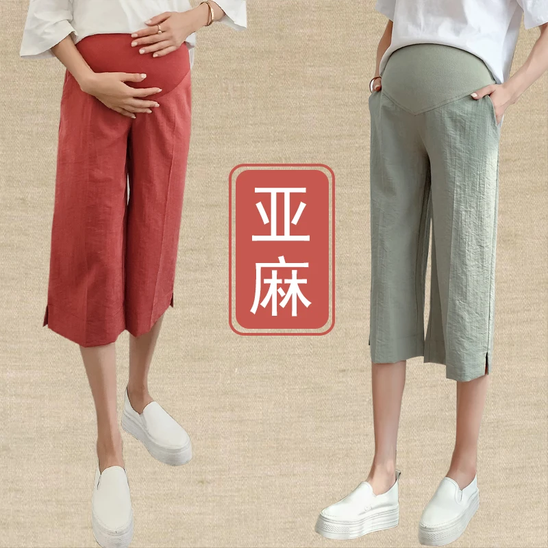 

3121# 7/10 Length Wide Leg Thin Linen Maternity Capris Pants Summer Casual Vintage Clothes for Pregnant Women Pegnancy Pants