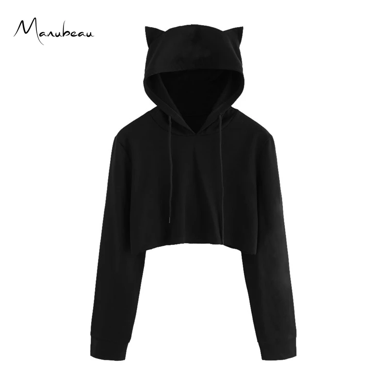 

Manubeau Cute Womens Sweatshirts Hoodie Crop Tops Autumn Solid Cat Ear Long Sleeve Cropped Sweatshirt Hooded Pullover Tolstovka