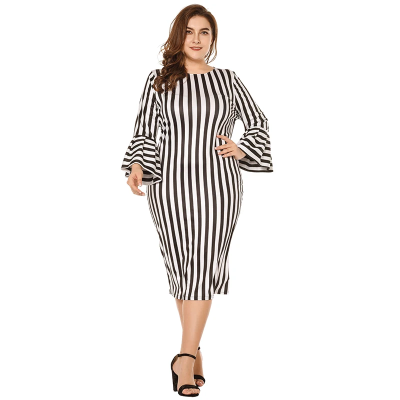 

Women Bandage Dress 3XL 4XL 5XL Plus Size Bodycon Dress Striped Print Flare Sleeve Ruffle O Neck Elegant Ladies Office Work Wear