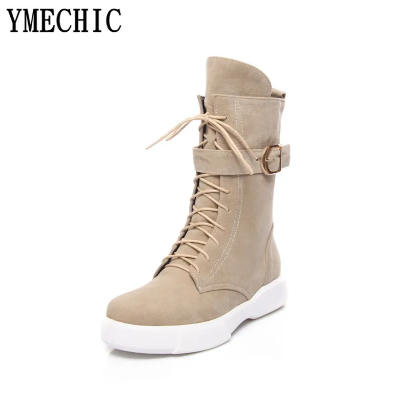 Женские армейские ботинки YMECHIC черные зеленые на плоской подошве с пряжкой