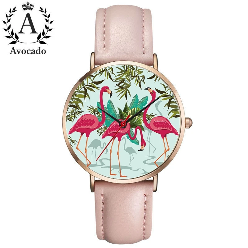 

Avocado 2018 new Flamingos watch QuartzAvocado 2018 ne Wrist Women watches slim simple pink black leather strap girl Ladies gift
