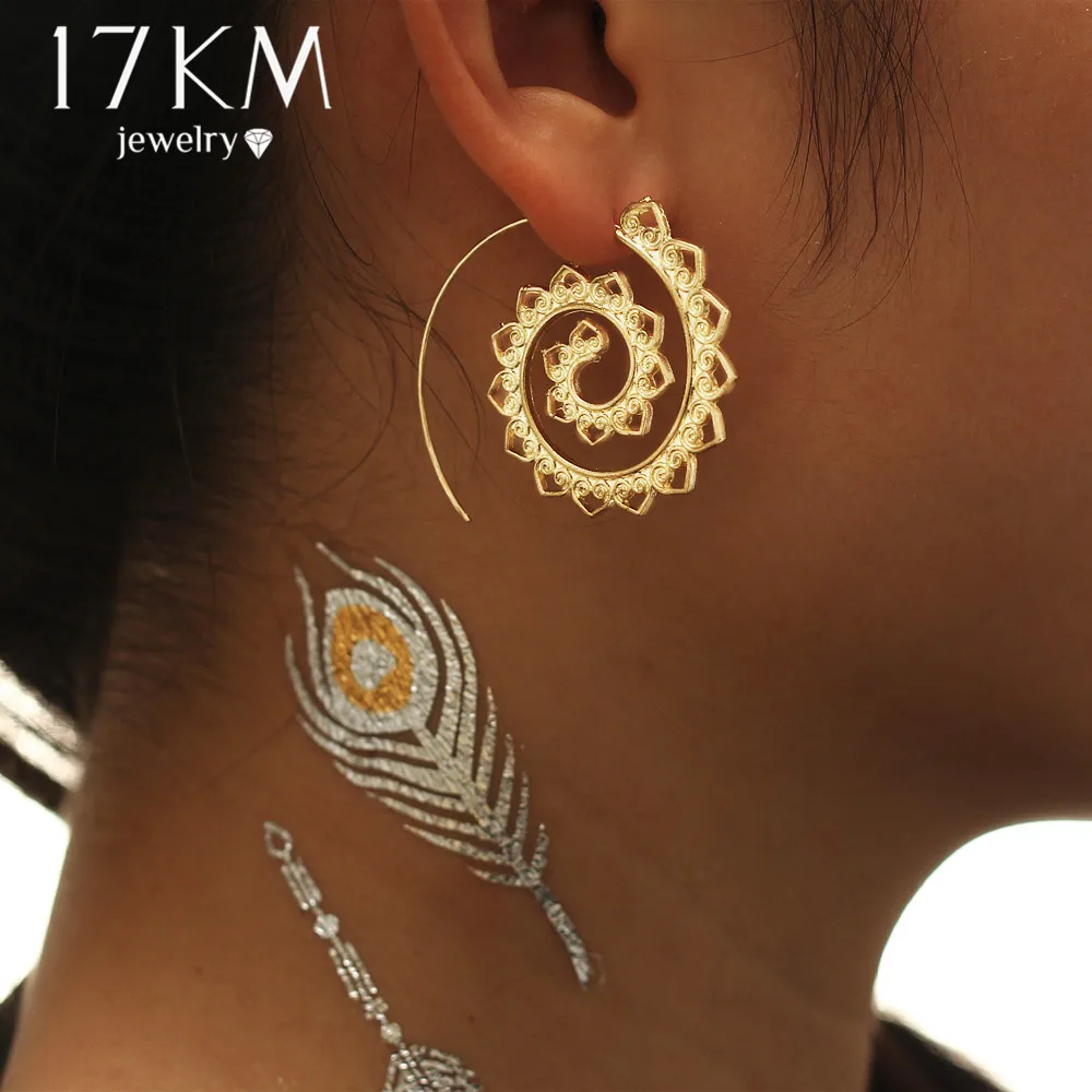 

17KM Ethnic Jewelry Swirl Hoop Earring for Women Brincos 2 Color Geometric Earrings Steampunk Style Party Jewelry Accessories