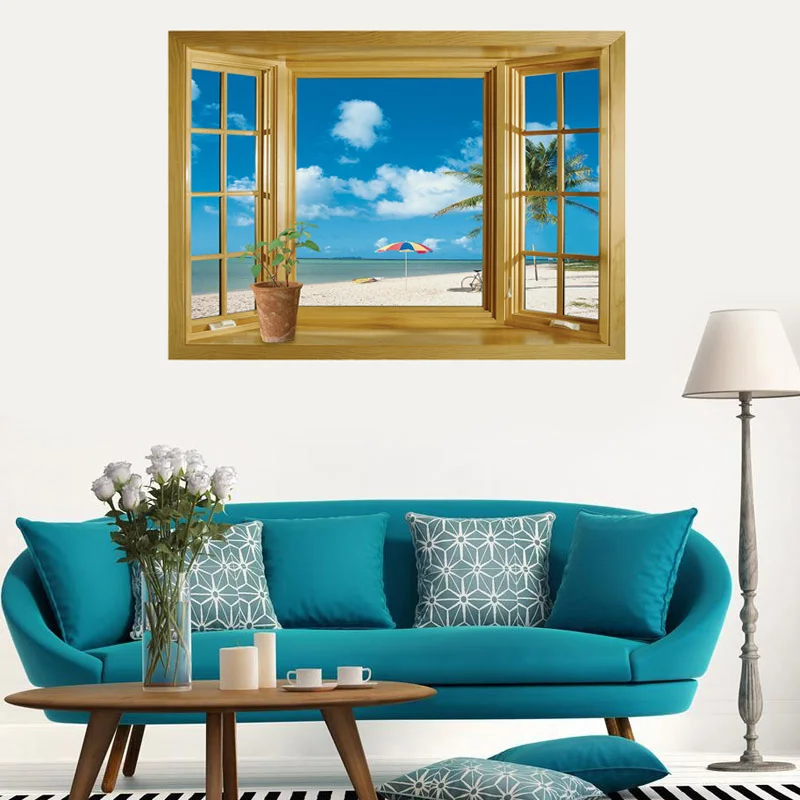 Blue sky beach Window Scenery 3D Wall Stickers PVC Material Beach Scenery wall decals For Living