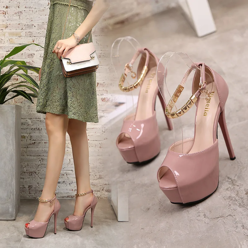 

Fashion Women Shoes Sexy Stilettos High Heels 13.5CM Sexy Buckle Strap Platform Female Party Pumps Peep Toe Rivets Ladies Shoes