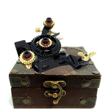 

Top Professional Handmade Pure wheel Steel Tattoo Machine Gun For Liner Supply with Classical wood Tattoo box