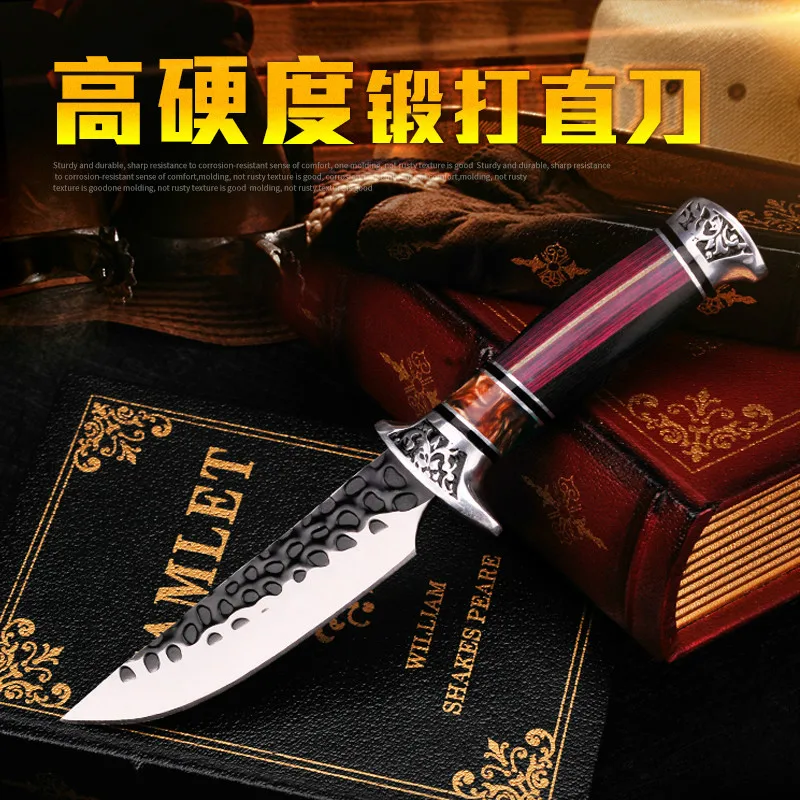 Японский красный нож с деревянной ручкой для активного отдыха, прямой нож, спасательный нож для дайвинга, охотничий нож, распределительный кожаный чехол