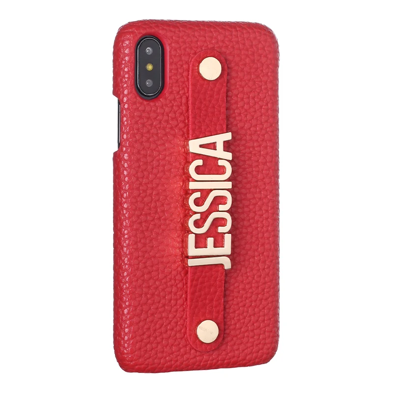 

Holding Strap Metal Personalisation Your Name Pebble Grain Leather Phone Case Cover For iPhone 6 6S XS Max XR 7 7Plus 8 8Plus X