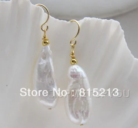 

wb00128 WOW 11X24mm Natural white Reborn Keshi pearls dangle earrings 14k hook