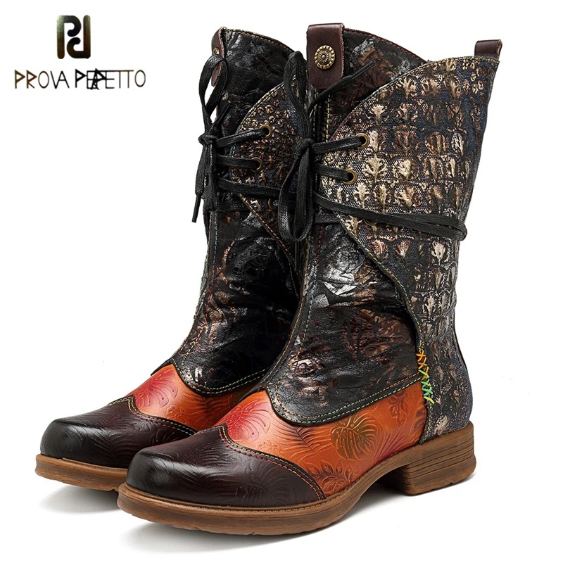 

Prova Perfetto Lace Up Patchwork Western Botas Genuine Leather Cowboy Winter Boots Warm Plush Insole Retro Mid-calf Women Boots