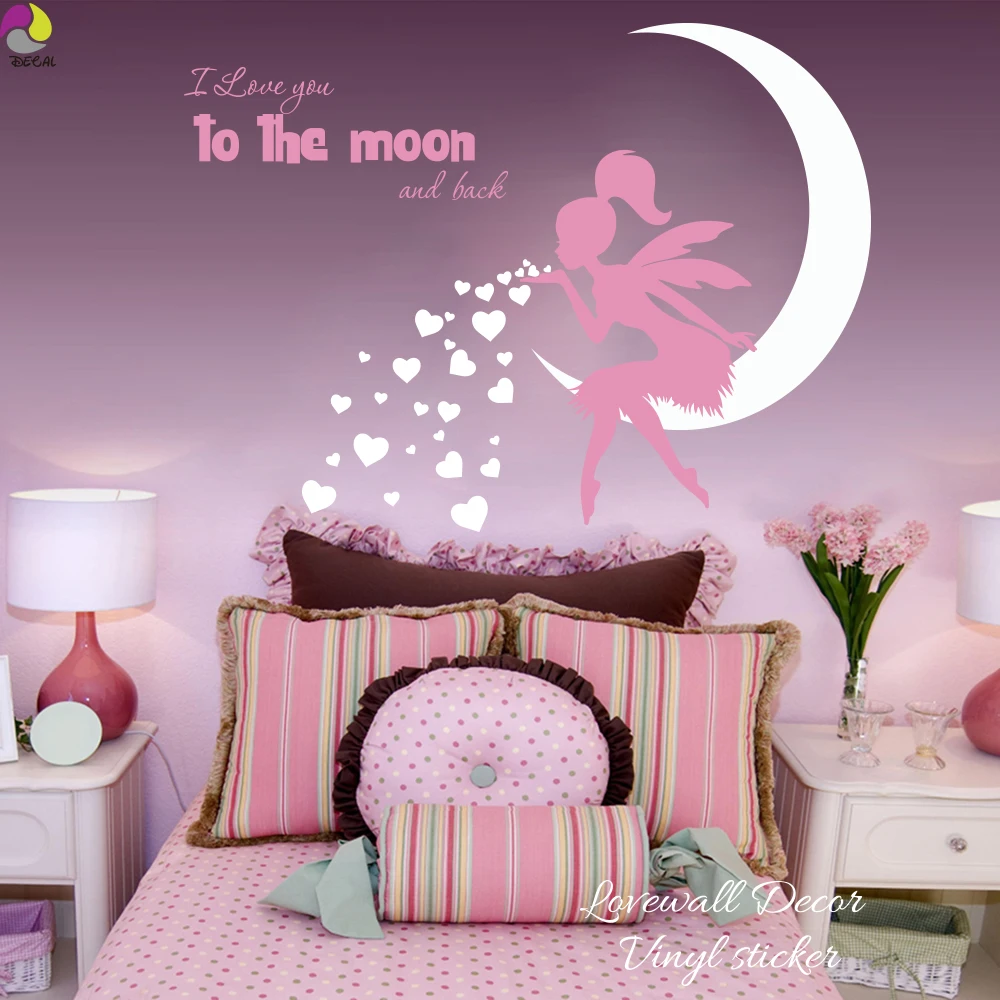 Fairy Blowing Hearts Kisses Wall Sticker Baby Nursery Kids Room I Love you to moon and back Quote Wall Decal  Girl Room Vinyl