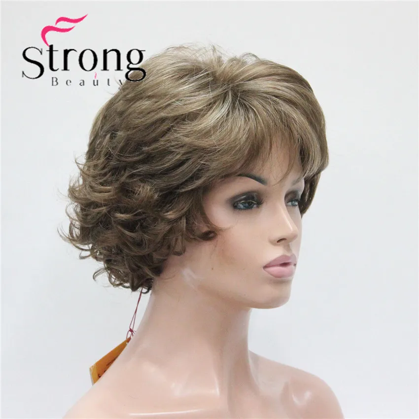 E-7125 #12TT26 New Wavy Curly Wig Light Brown Mix Blonde Short Synthetic Hair Full Women's Wigs (3)