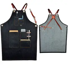 Black Denim Bib Apron w/ Leather Strap Barber Barista Florist Baker Bar Chef Uniform Tattoo Shop Carpenter Home BBQ Workwear K17