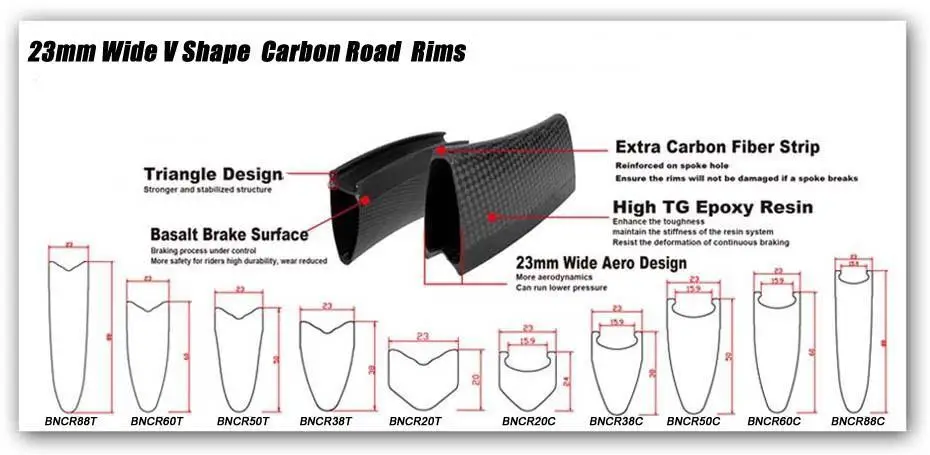 Full Carbon Fiber Road Bike Rims 700C 23mm Wide 38mm Depth V Shape Clincher Rim for Triathlon TT Cyclocross Basalt Brake 1 Piece