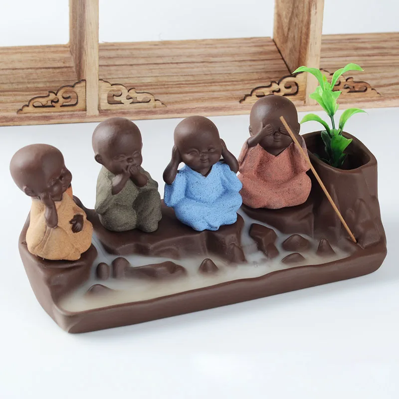 Home Decor Four Cute Monk Censer Ceramic Yixing Aroma Backflow Stick