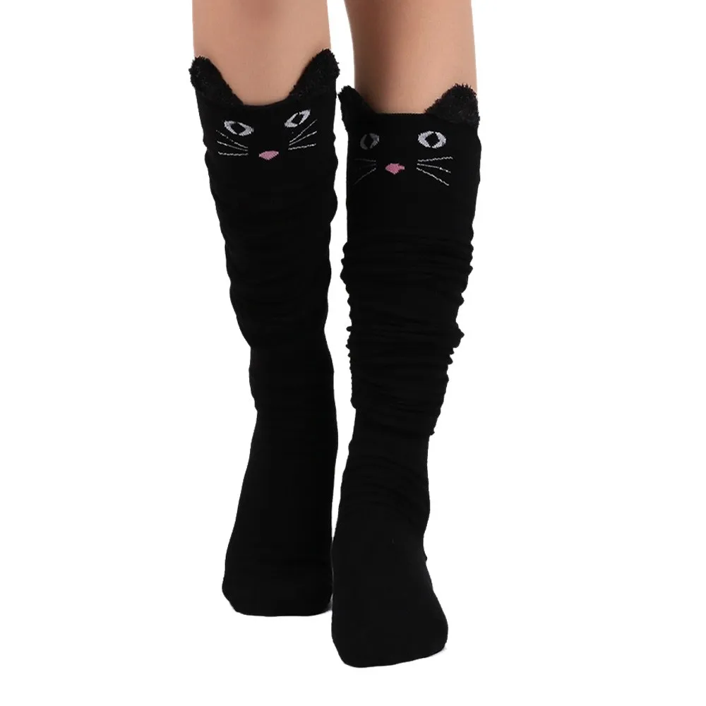 Милые Длинные Носки с рисунком кота для девочек зимние женские ботфорты до бедра женские мягкие пушистые носки-тапочки черные, белые Calcetines