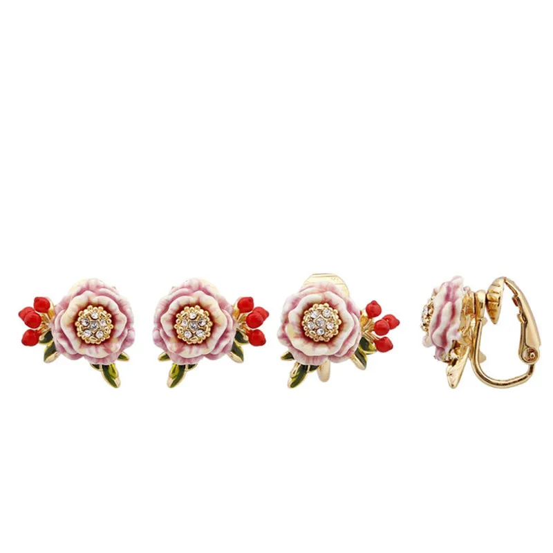 

Dyxytwe Enamel glaze Red Fruit Pink Flower Green Leave Gem 925 silver pin women earring stud clip