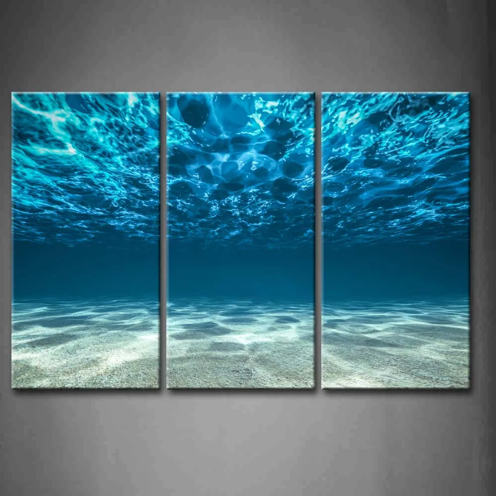 

3 Panels Unframed Wall Art Pictures Blue Ocean Bottom View Canvas Print Artwork Modern Seascape Posters For Living Room