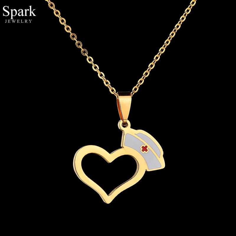 

High Quality Gold Color Nurse Hat Heart Necklace Stainless Steel Charm Pendant Necklace For Doctor Medical Women Gift