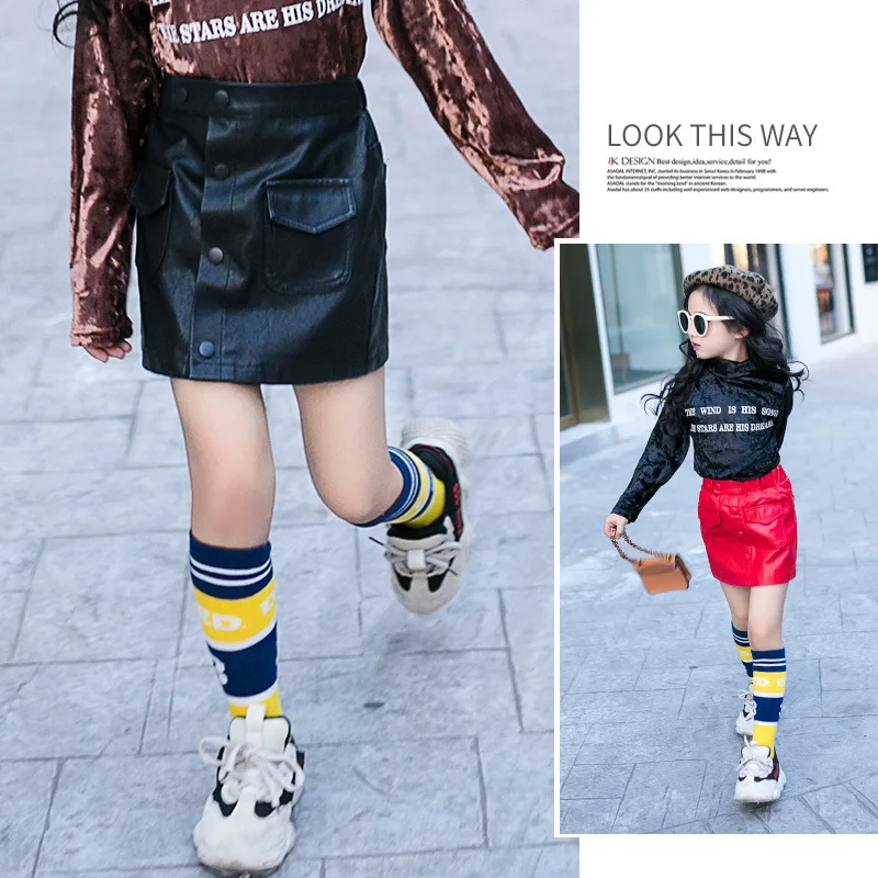 

Girls skirt autumn and winter 2018 new package hip skirt Korean version of the wild leather skirt girls plus velvet skirt tide