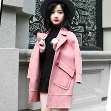 Модная одежда года для маленьких девочек весенне-осенний костюм шерстяное пальто с шерстью и толстое шерстяное пальто средней длины
