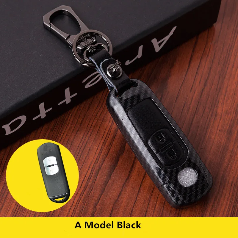 Углеродное волокно перчатки из натуральной кожи ключа автомобиля чехол для защиты для Mazda 2 3 5 6 CX-3 CX-4 CX-5 CX-7 CX-9 Atenza Axela MX5 Fob чехол Комплект - Название цвета: A Model Black