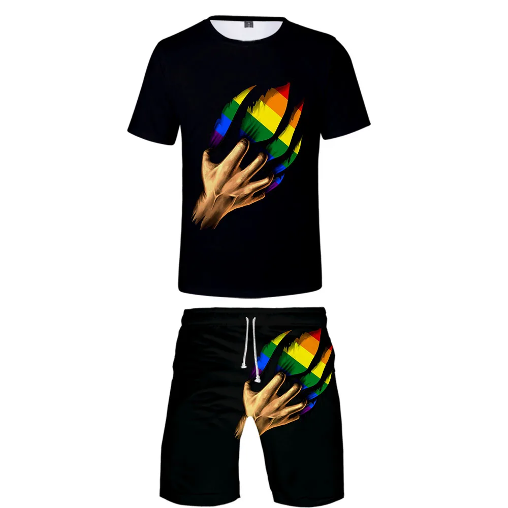 Новые модные мужские комплекты с 3D принтом LGBT летние футболки с короткими рукавами + шорты Harajuku повседневные комплекты больших размеров LGBT