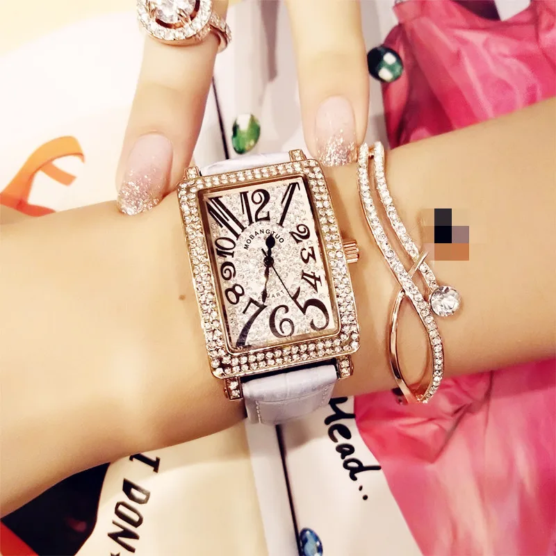 

New Fashion Casual Ladies Quartz Watch Full Rhinestone Watch Rose Gold Female Watch Square Leather Watch