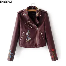 YAGENZ Spring Women Leather Jacket Short Coat Embroidery PU Water Washed Motorcycles Leather Outerwear Fashion Slim