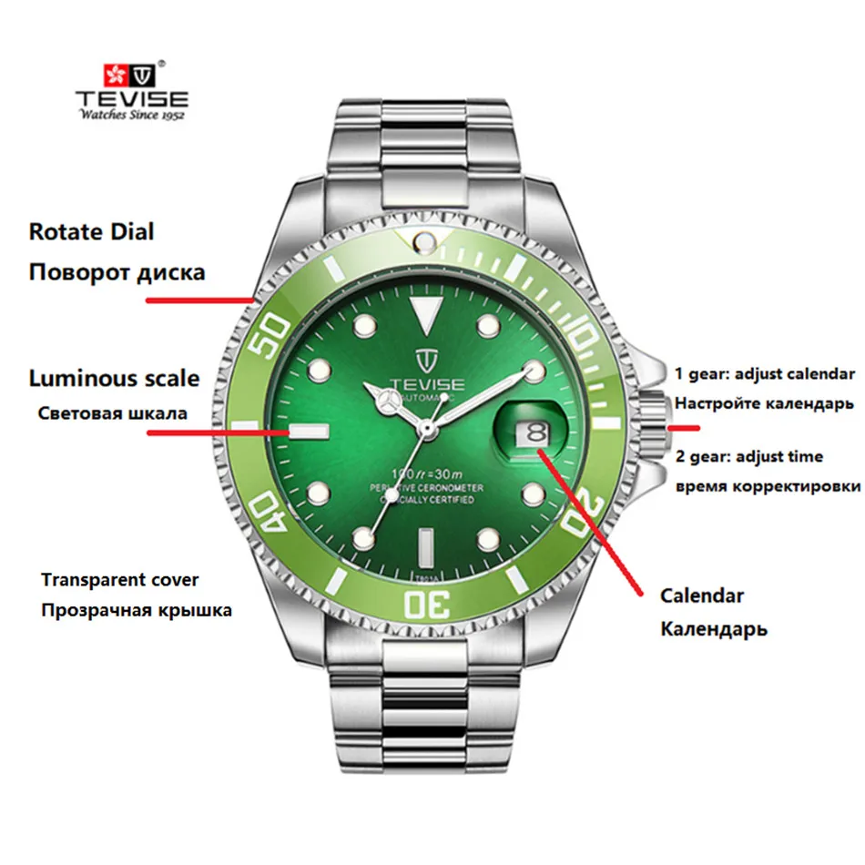 TEVISE Green Watch Men Automatic Mechanical Anti-Scratch Rotatable Outer Ring Waterproof Luminous Mens Watches Top Brand Luxury most accurate mechanical watch
