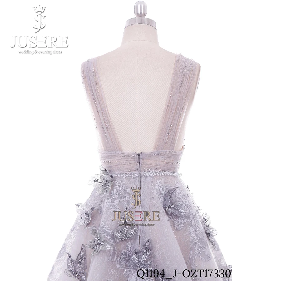 Плиссированное вечернее платье Jusere Haute Couture с V образным вырезом открытой спиной и