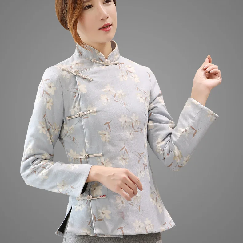 Femme À Traditionnel Femmes Manches Mandarin Élégant B Tang Vêtements style Outwear Vintage Coton Col Veste Chaud A Imprimé Longues Style Fleur aqOAfwxAg