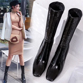 

INS hot Women mid-calf boots Genuine Leather 22-24.5 cm manual Square toe riding boots women Europe and America women boots