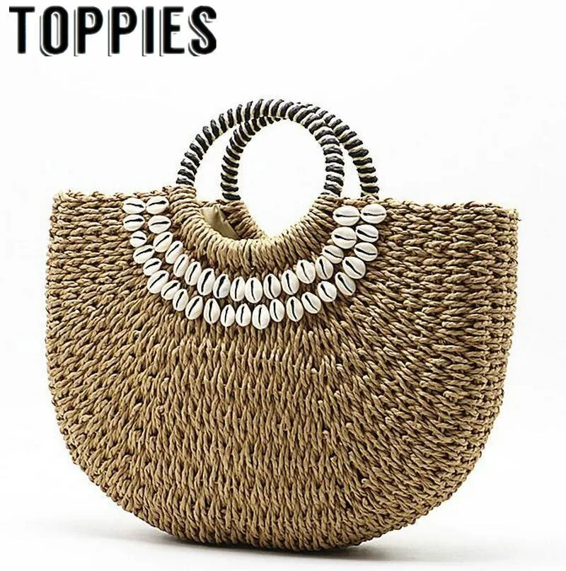 

Toppies Summer New Arrival Straw Moon Bag 2019 Summer Trendy Sea Shell Beach Style Handmade Straw Bags Bali Bag