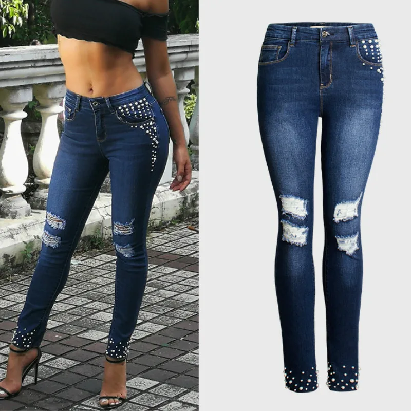 LOGAMI Винтаж Жемчуг шипованные рваные джинсы женские стрейч деним джинсы-скинни трусы для женщин брюки